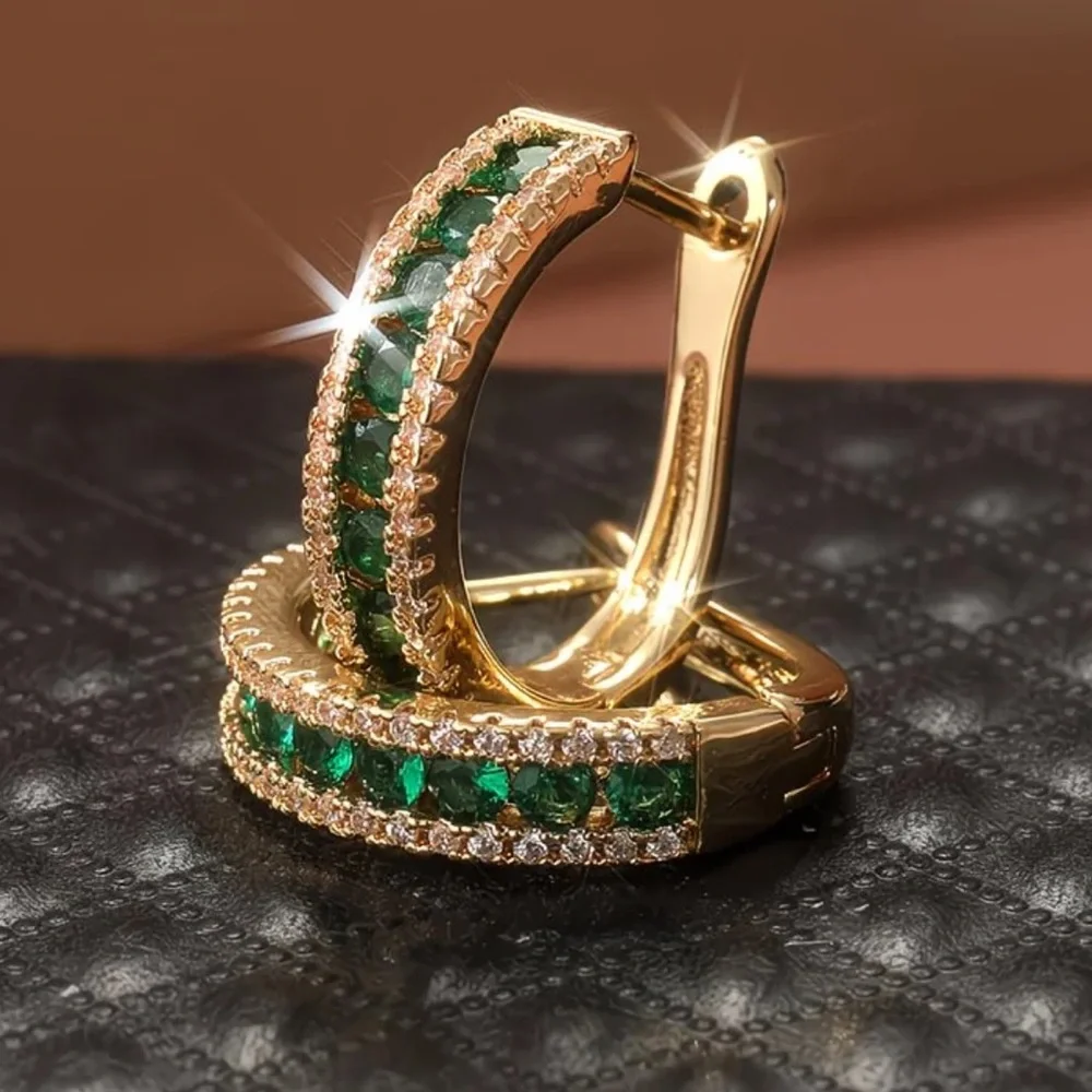 💚 Emerald Green CZ Gold Hoop Earrings Crystal Pave Luxe Statement